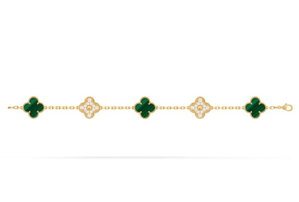 Браслет Vintage Alhambra, 5 мотивов Желтое золото 18 карат, Бриллиант, Малахит 2 braslet-van-cleef-arpels-armband-vintage-alhambra-5-motive