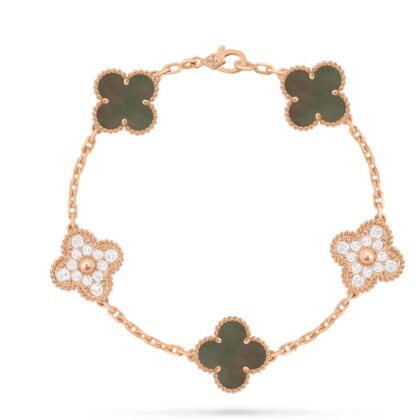 Браслет Van Cleef & Arpels Armband Vintage Alhambra, 5 Motive, Розовое золото, серый перламутр, бриллианты.